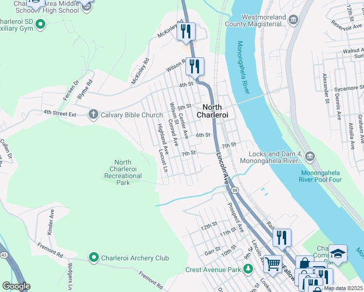 map of restaurants, bars, coffee shops, grocery stores, and more near 627 Center Avenue in Charleroi