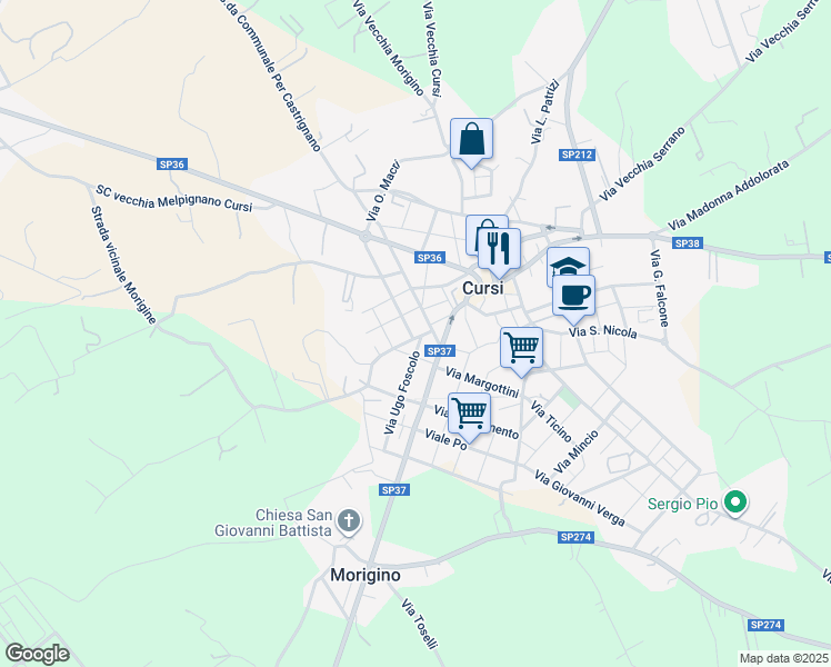 map of restaurants, bars, coffee shops, grocery stores, and more near 12 Via Manzoni in Cursi