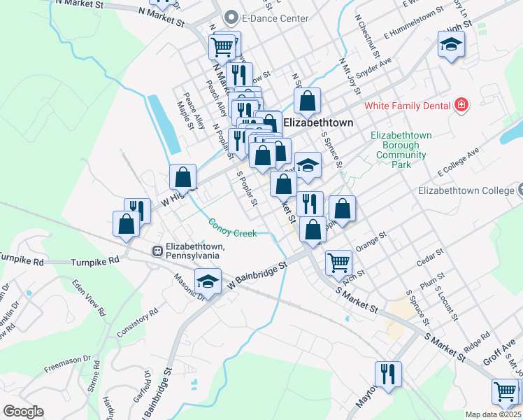 map of restaurants, bars, coffee shops, grocery stores, and more near 132 South Poplar Street in Elizabethtown