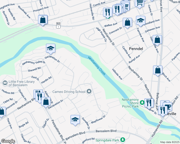 map of restaurants, bars, coffee shops, grocery stores, and more near 6553 Senator Lane in Bensalem