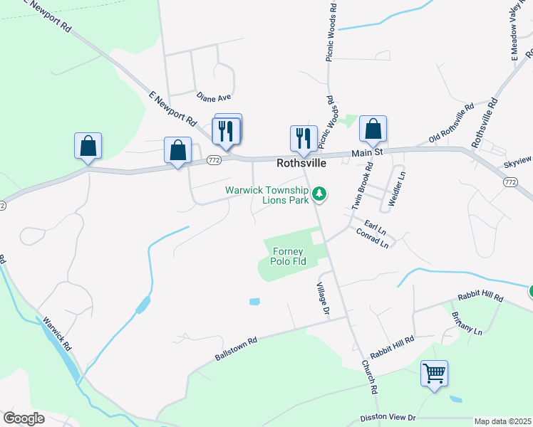 map of restaurants, bars, coffee shops, grocery stores, and more near 25 Brian Drive in Lititz