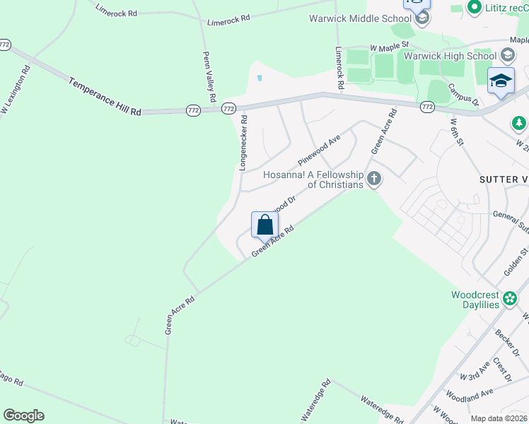 map of restaurants, bars, coffee shops, grocery stores, and more near 2 Sycamore Circle in Lititz