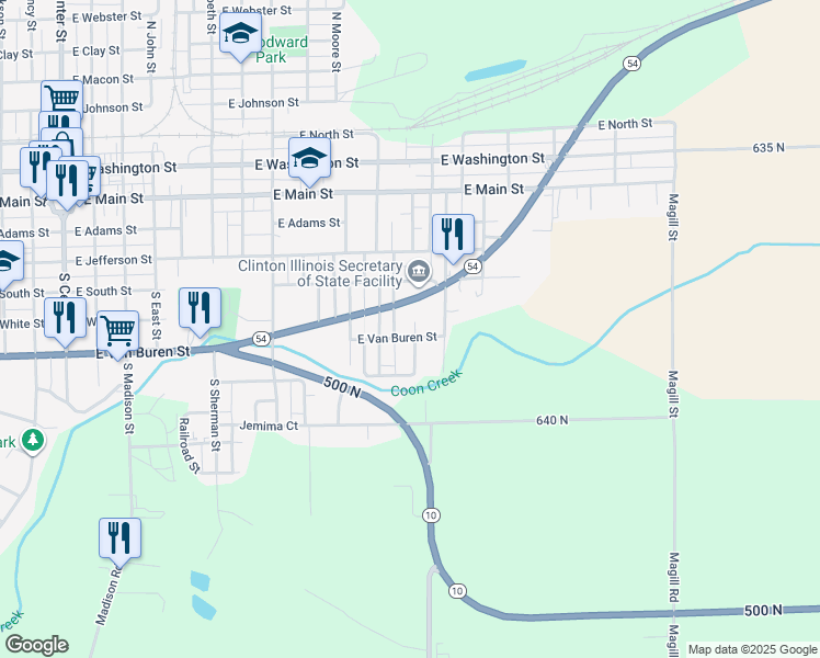 map of restaurants, bars, coffee shops, grocery stores, and more near 419 South Wilson Street in Clinton