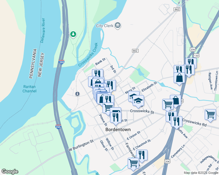 map of restaurants, bars, coffee shops, grocery stores, and more near 119 2nd Street in Bordentown