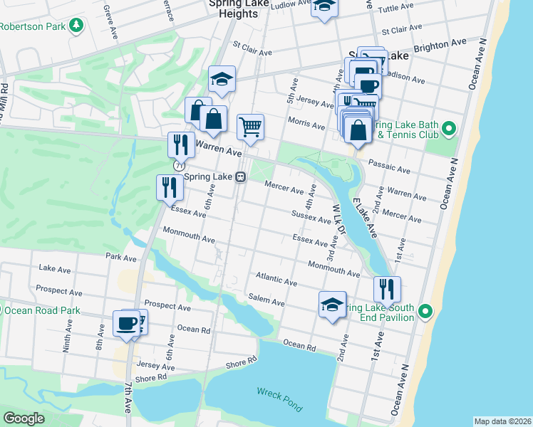 map of restaurants, bars, coffee shops, grocery stores, and more near 425 Sussex Avenue in Spring Lake