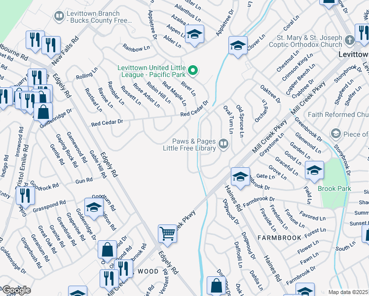 map of restaurants, bars, coffee shops, grocery stores, and more near 41 Overbrook Lane in Levittown