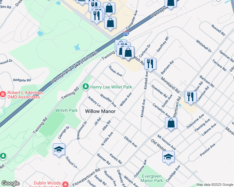 map of restaurants, bars, coffee shops, grocery stores, and more near 1816 Jill Road in Willow Grove