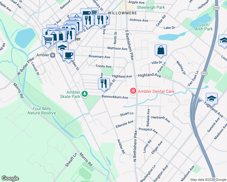 map of restaurants, bars, coffee shops, grocery stores, and more near 418 Renfrew Avenue in Ambler