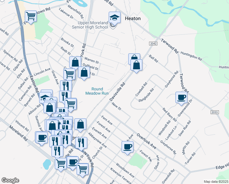 map of restaurants, bars, coffee shops, grocery stores, and more near 538 Davisville Road in Willow Grove