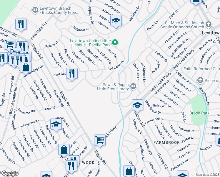 map of restaurants, bars, coffee shops, grocery stores, and more near 41 Overbrook Lane in Levittown