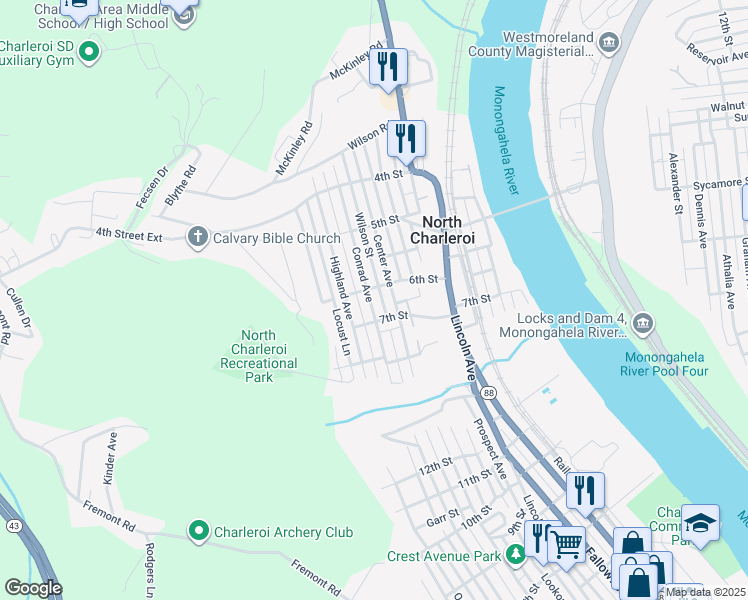 map of restaurants, bars, coffee shops, grocery stores, and more near 612 Conrad Avenue in Charleroi