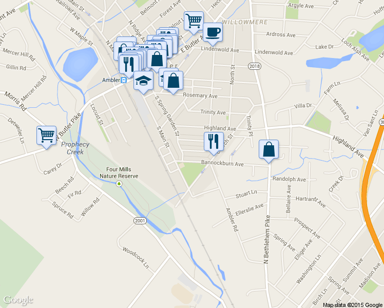 map of restaurants, bars, coffee shops, grocery stores, and more near 222 E Park Ave in Ambler