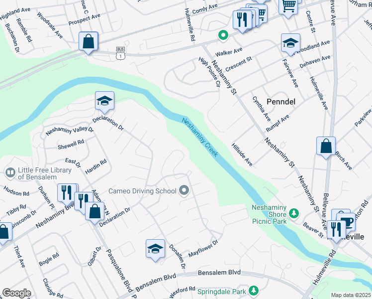 map of restaurants, bars, coffee shops, grocery stores, and more near 6553 Senator Lane in Bensalem