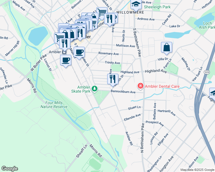 map of restaurants, bars, coffee shops, grocery stores, and more near 258 East Park Avenue in Ambler