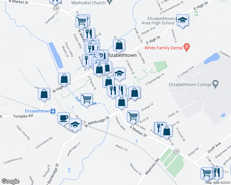 map of restaurants, bars, coffee shops, grocery stores, and more near 220 South Cherry Alley in Elizabethtown