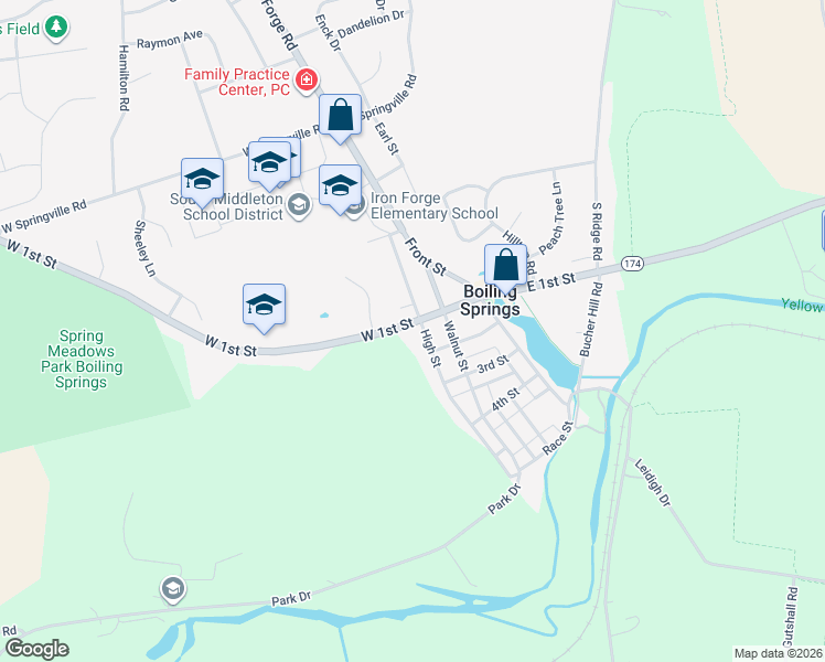 map of restaurants, bars, coffee shops, grocery stores, and more near 302 West 1st Street in Boiling Springs