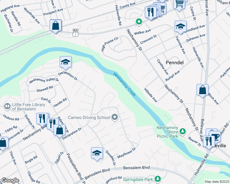 map of restaurants, bars, coffee shops, grocery stores, and more near 6557 Senator Lane in Bensalem