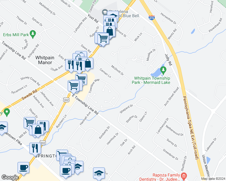 map of restaurants, bars, coffee shops, grocery stores, and more near 1202 Townline Drive in Blue Bell