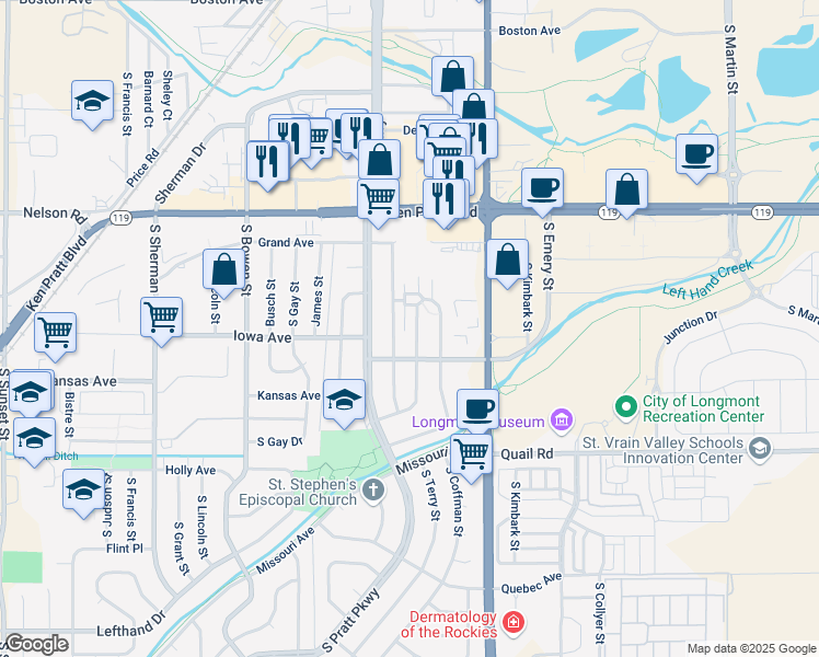map of restaurants, bars, coffee shops, grocery stores, and more near 832 Kane Drive in Longmont