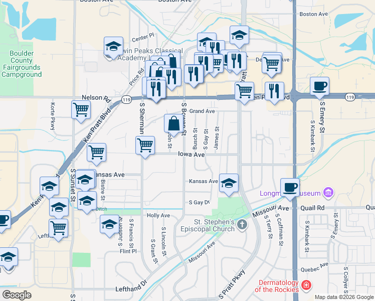 map of restaurants, bars, coffee shops, grocery stores, and more near 836 Busch Street in Longmont