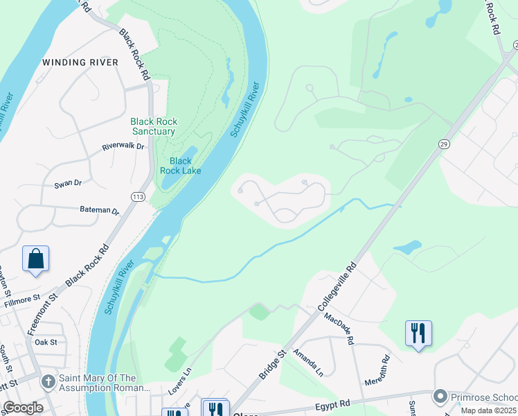 map of restaurants, bars, coffee shops, grocery stores, and more near 7 Sparrow Court in Phoenixville