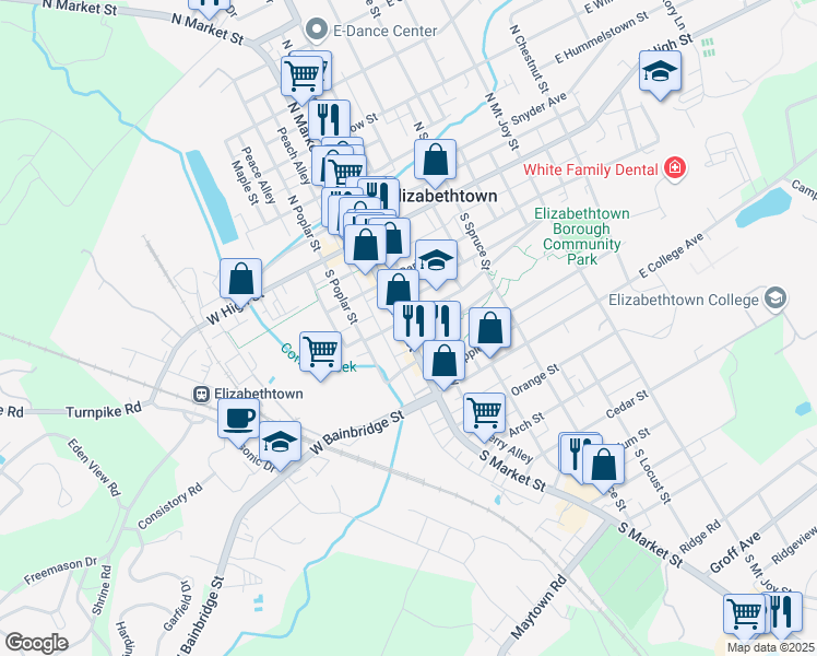 map of restaurants, bars, coffee shops, grocery stores, and more near 220 South Cherry Alley in Elizabethtown