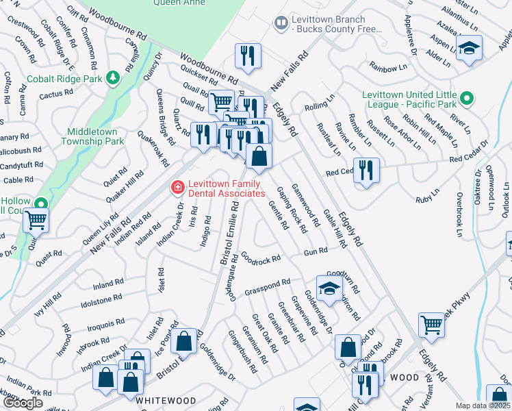 map of restaurants, bars, coffee shops, grocery stores, and more near 286 Goldenridge Drive in Levittown