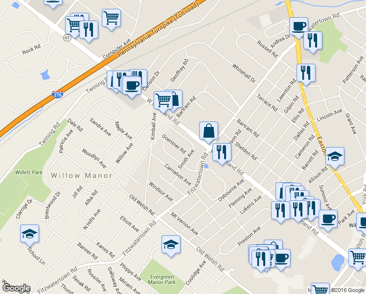 map of restaurants, bars, coffee shops, grocery stores, and more near 2941 Goentner Road in Willow Grove