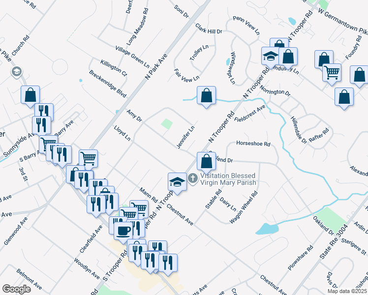 map of restaurants, bars, coffee shops, grocery stores, and more near 2615 Amy Drive in Eagleville