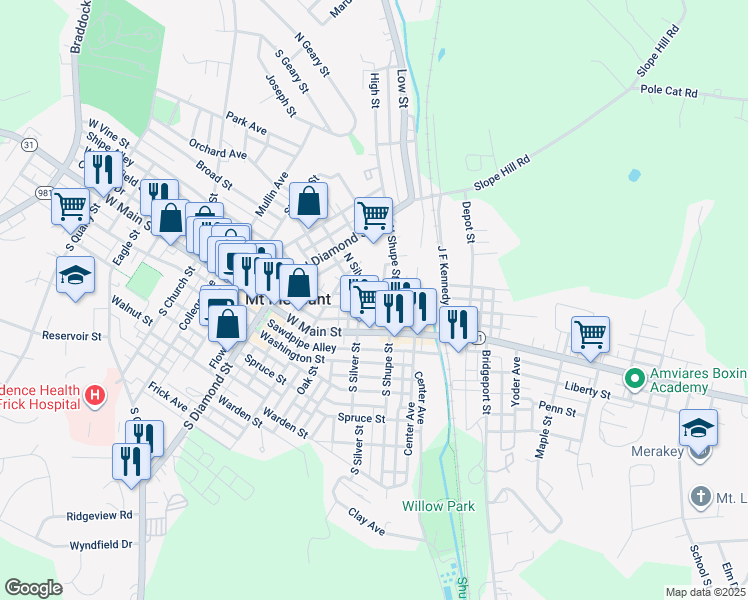 map of restaurants, bars, coffee shops, grocery stores, and more near 216 West Smithfield Street in Mount Pleasant