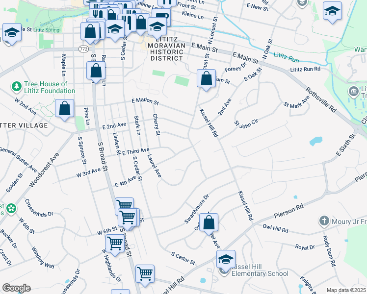 map of restaurants, bars, coffee shops, grocery stores, and more near 309 East 4th Avenue in Lititz