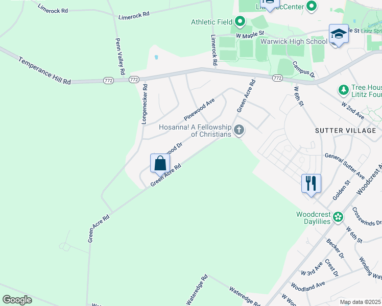 map of restaurants, bars, coffee shops, grocery stores, and more near 52 Green Acre Road in Lititz