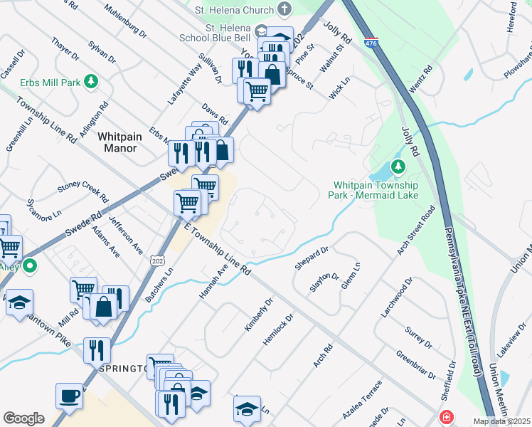 map of restaurants, bars, coffee shops, grocery stores, and more near 1101 Dogwood Circle in Blue Bell