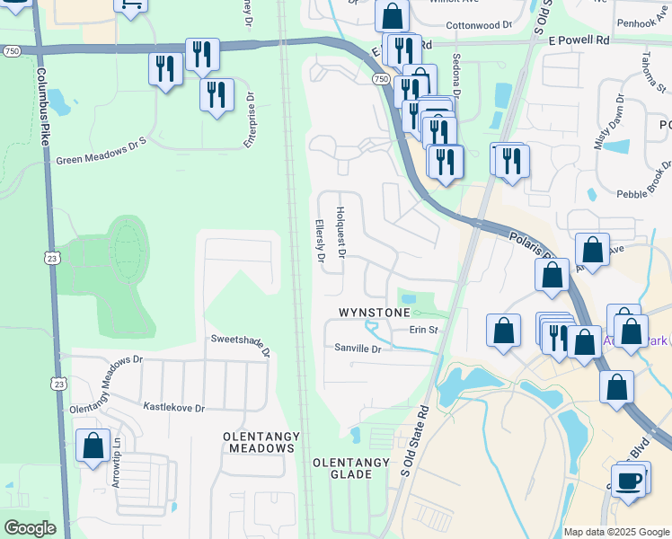 map of restaurants, bars, coffee shops, grocery stores, and more near 9012 Ellersly Drive in Lewis Center