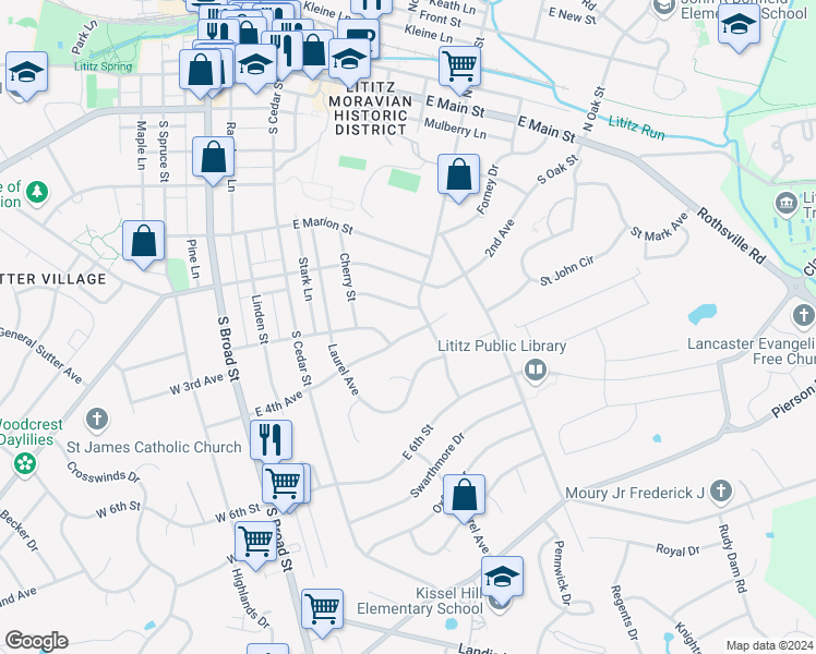 map of restaurants, bars, coffee shops, grocery stores, and more near 309 East 4th Avenue in Lititz