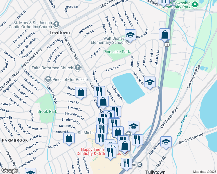 map of restaurants, bars, coffee shops, grocery stores, and more near 54 Locust Lane in Levittown