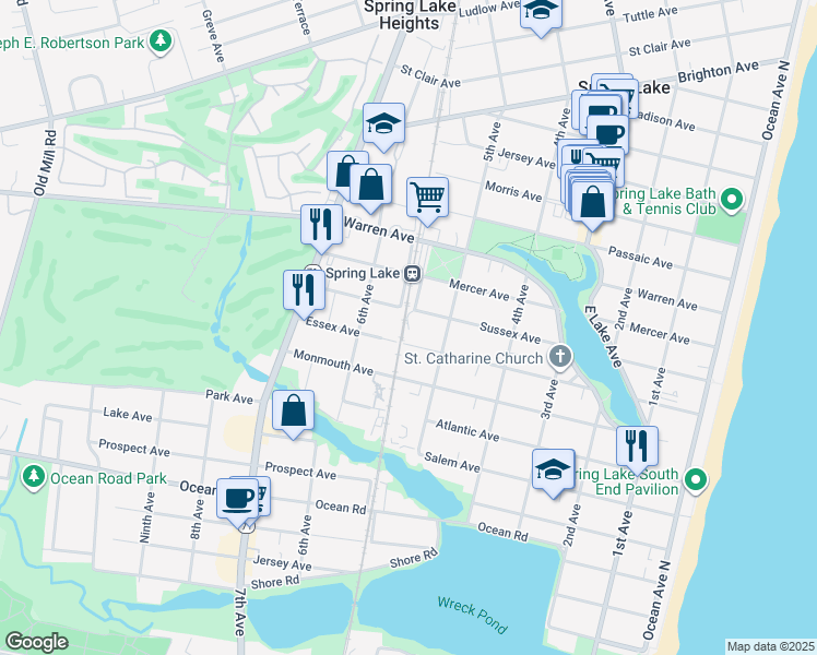 map of restaurants, bars, coffee shops, grocery stores, and more near 521 Sussex Avenue in Spring Lake