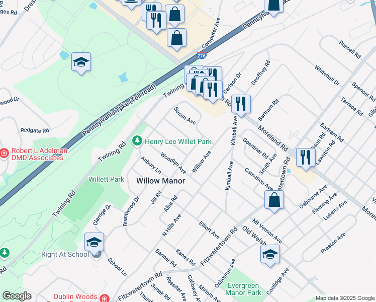 map of restaurants, bars, coffee shops, grocery stores, and more near 1823 Jill Road in Willow Grove