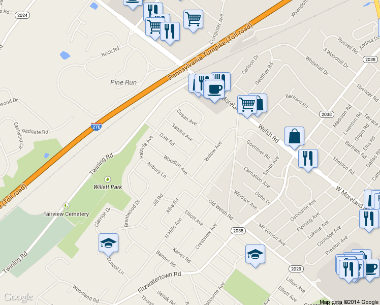 map of restaurants, bars, coffee shops, grocery stores, and more near 1816 Jill Road in Willow Grove