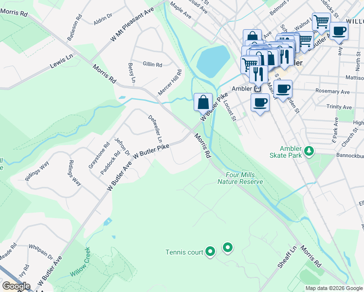 map of restaurants, bars, coffee shops, grocery stores, and more near 500 West Butler Pike in Ambler