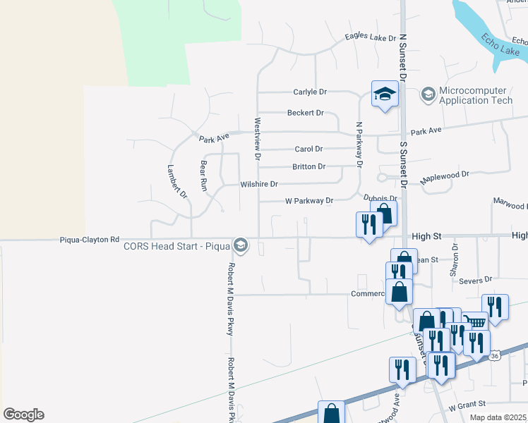 map of restaurants, bars, coffee shops, grocery stores, and more near 335 Westview Dr in Piqua