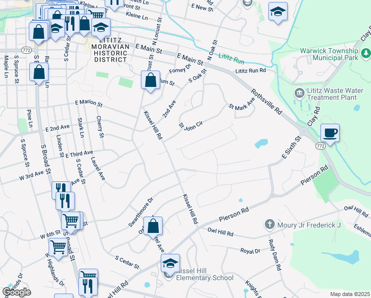 map of restaurants, bars, coffee shops, grocery stores, and more near 320 Pin Oak Drive in Lititz