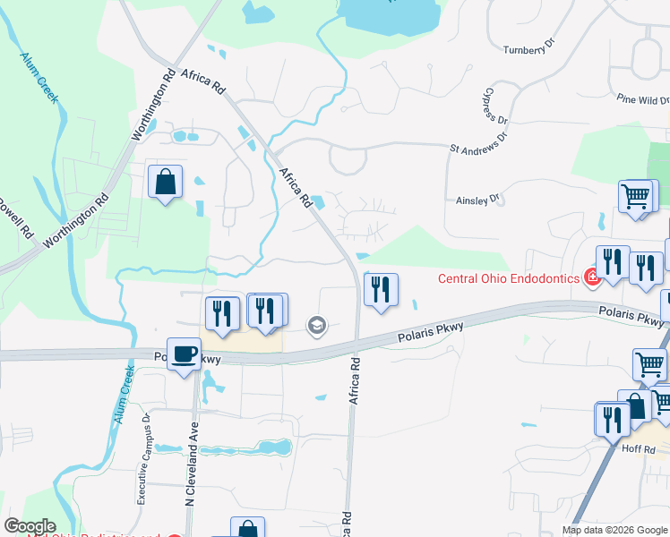 map of restaurants, bars, coffee shops, grocery stores, and more near 371 Westgreen Lane in Westerville