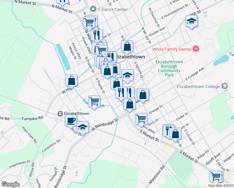 map of restaurants, bars, coffee shops, grocery stores, and more near 204 South Market Street in Elizabethtown