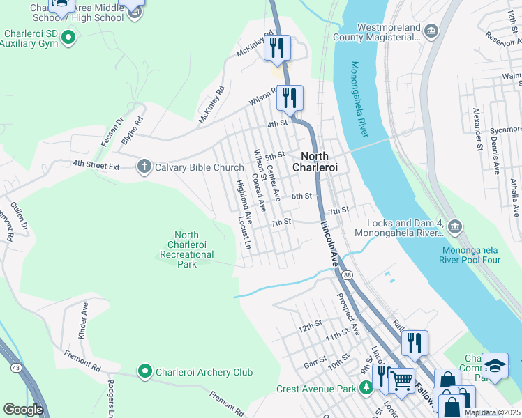 map of restaurants, bars, coffee shops, grocery stores, and more near 612 Conrad Avenue in Charleroi