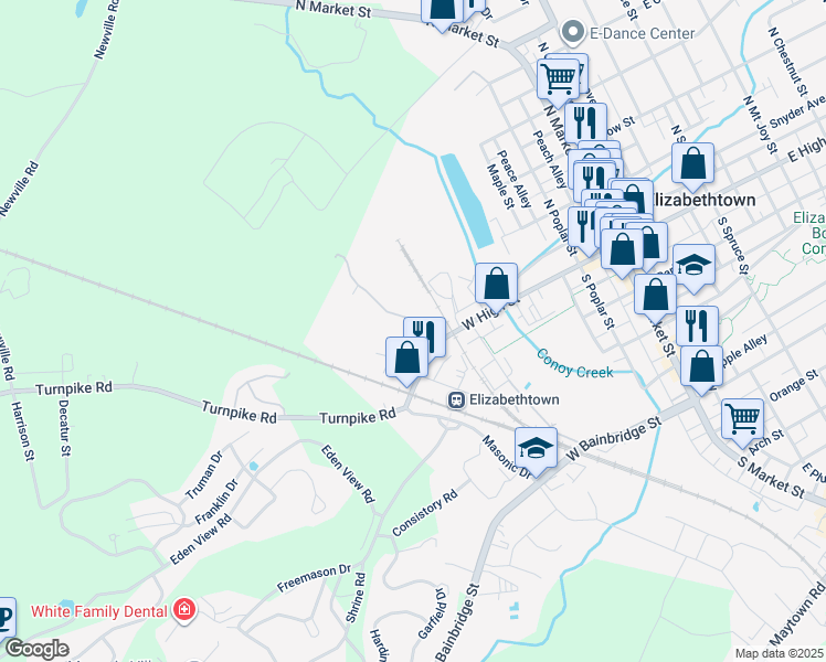 map of restaurants, bars, coffee shops, grocery stores, and more near 20 Hess Avenue in Elizabethtown