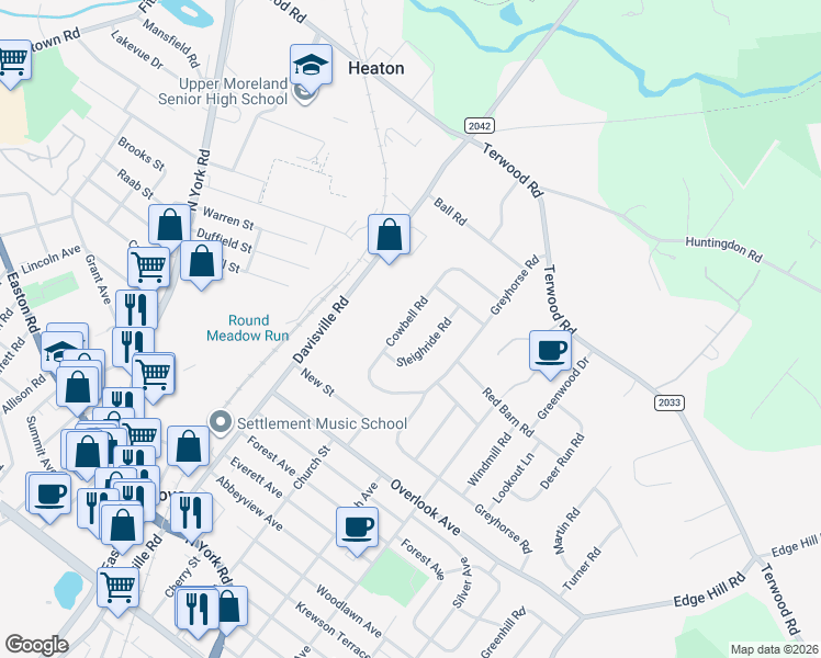 map of restaurants, bars, coffee shops, grocery stores, and more near 213 Cowbell Road in Willow Grove