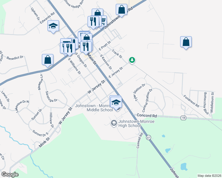 map of restaurants, bars, coffee shops, grocery stores, and more near 292 South Main Street in Johnstown