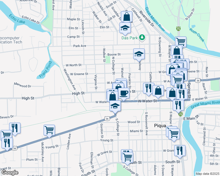 map of restaurants, bars, coffee shops, grocery stores, and more near 318 Walker Street in Piqua