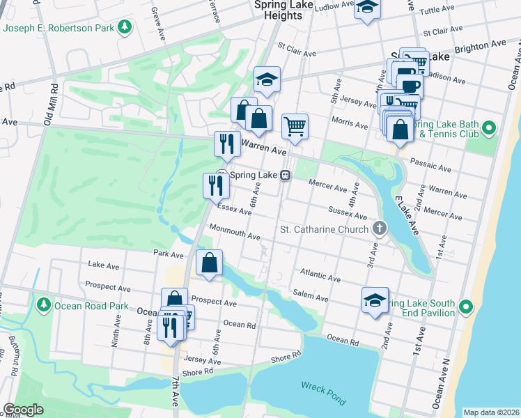 map of restaurants, bars, coffee shops, grocery stores, and more near 558 Essex Avenue in Spring Lake